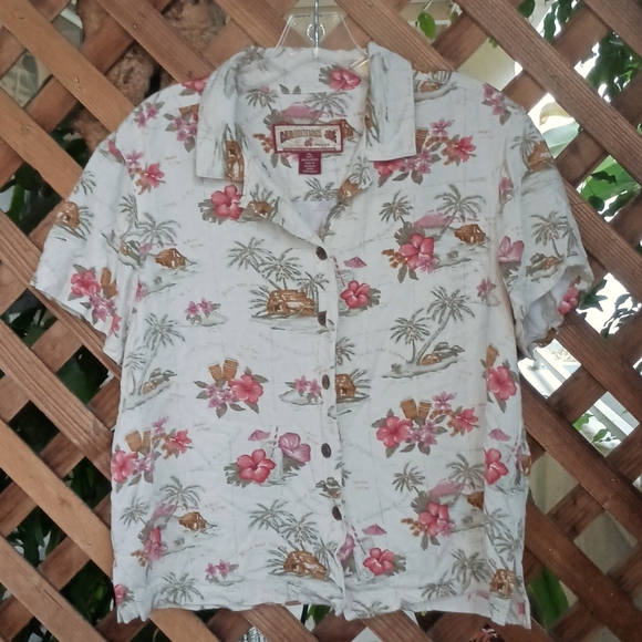 Caribbean Joe Rayon Cream & Pink Tropical Floral Print Shirt, Size Petite Large - Picture 1 of 6